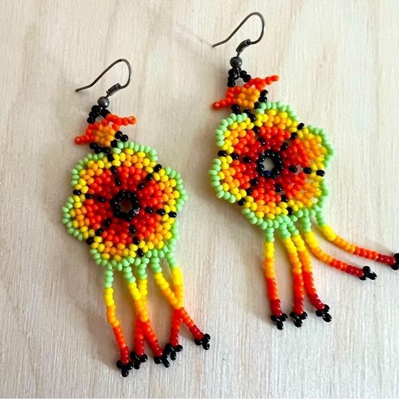 Hand Crafted Jewelry - Beaded Bohemian Flower Dangle earrings